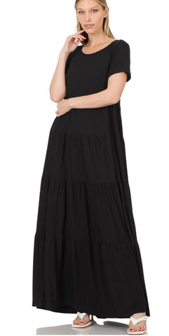 Short Sleeve Pleated Maxi Dress in Black