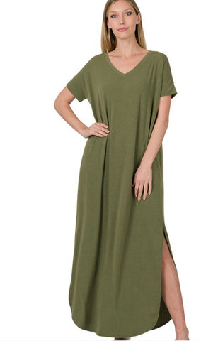 Short Sleeve Maxi Dress in Olive