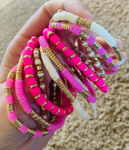 Pink & Ivory Clay Disk Bracelets