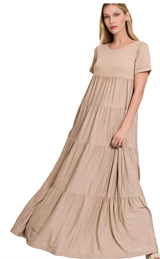 Short Sleeve Pleated Maxi Dress in Tan