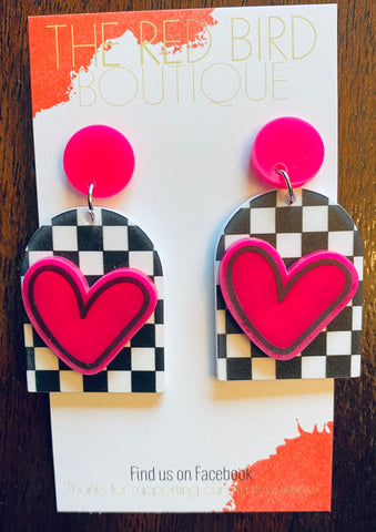 Black & White Checkered Heart Earrings