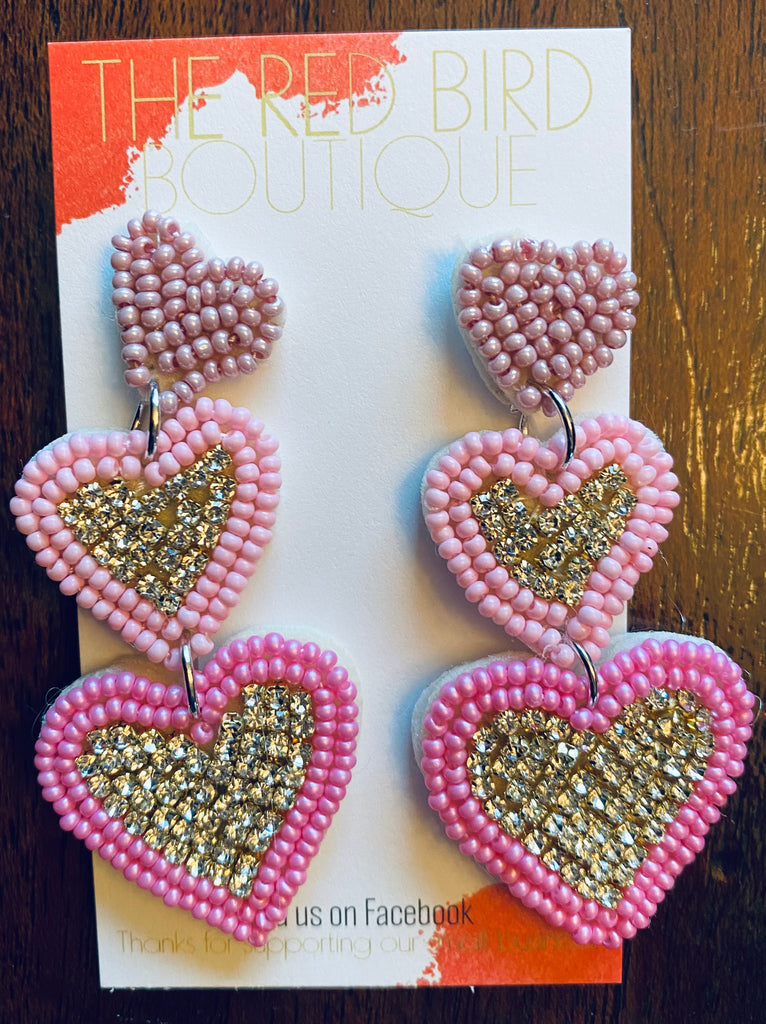 Multi-Colored Pink Heart Beaded Earrings