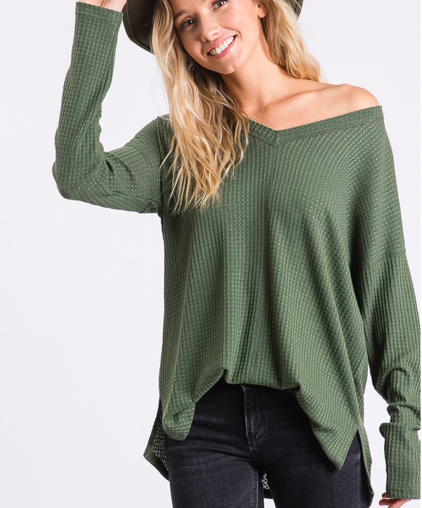 Waffle Knit V-Neck Top - Olive