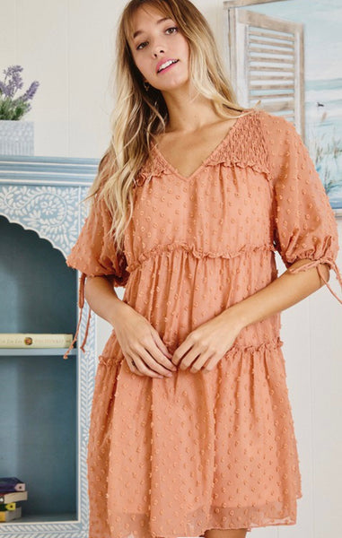 Peach Puff Sleeve Textured Dress