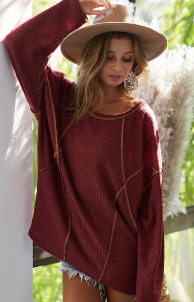 Burgundy Raw Hem Top