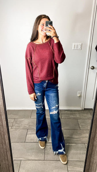 Burgundy Raw Hem Top