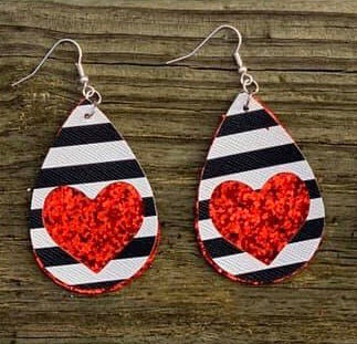 Red Glitter/Stripe Heart Earrings