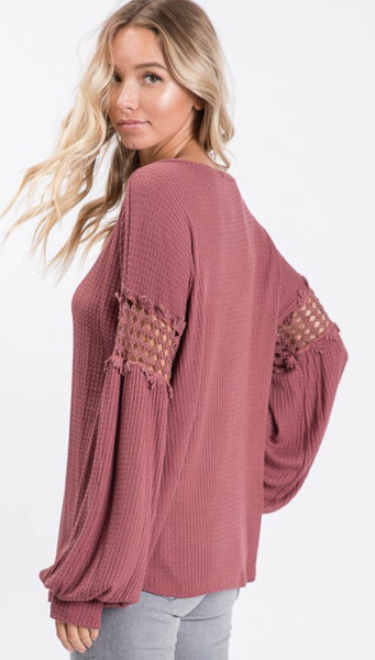 Marsala Bubble Sleeve Lace Detail Top