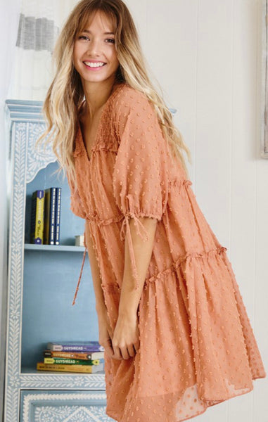 Peach Puff Sleeve Textured Dress