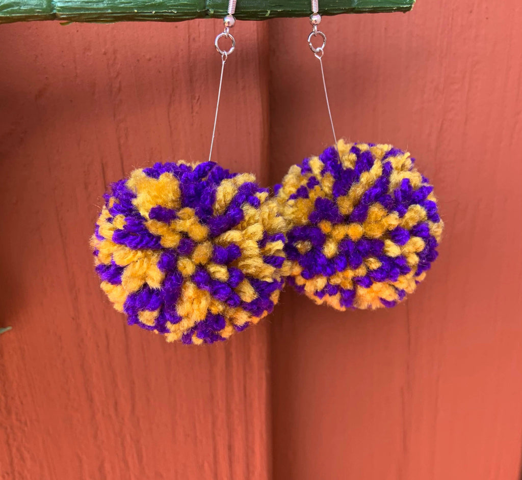 Purple & Gold Pom Pom Earrings