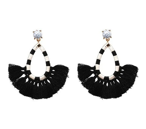 Black Marble Fringe Tassel Earrings