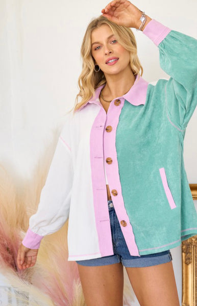 Color Block Long Sleeve Button Down