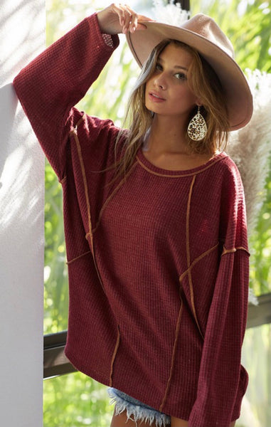 Burgundy Raw Hem Top