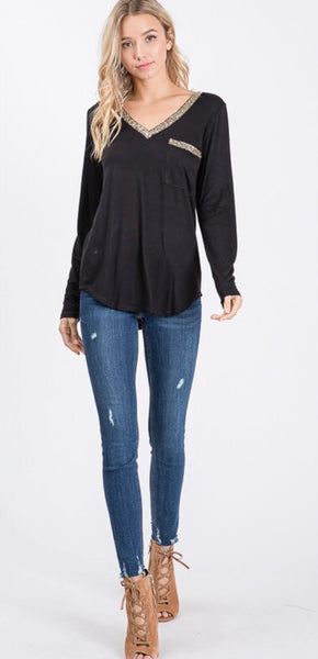 Black Long Sleeve V Neck with Sequin Detail