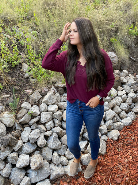 Burgundy Lace V Neckline Top