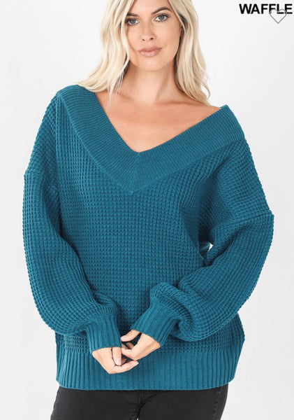 Teal V Neck Waffle Sweater