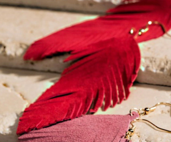 Red Feather Leather Earrings