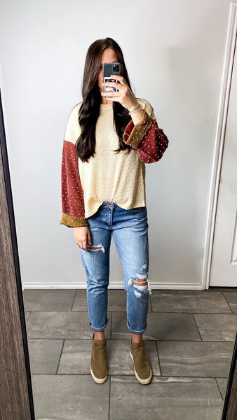 Cream & Burgundy Bubble Sleeve