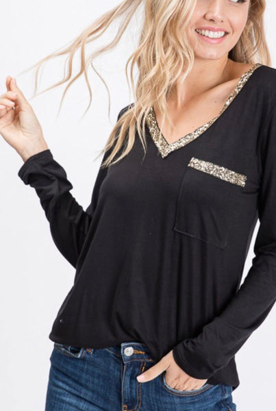 Black Long Sleeve V Neck with Sequin Detail