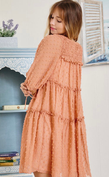 Peach Puff Sleeve Textured Dress