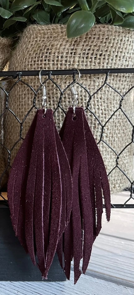 Burgundy Suede Fringe Earrings